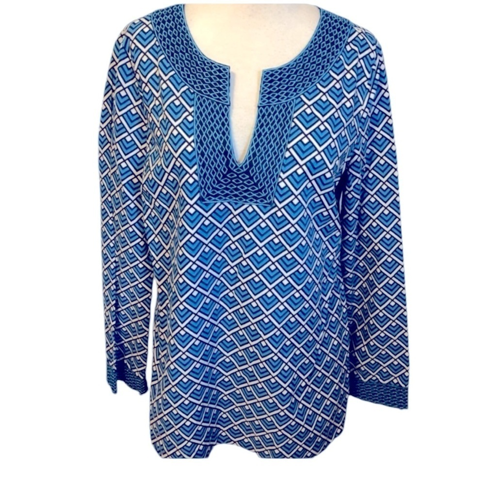 Vineyard Vines Block Island Tunic Blue Geo Med 100% Cotton Blouse